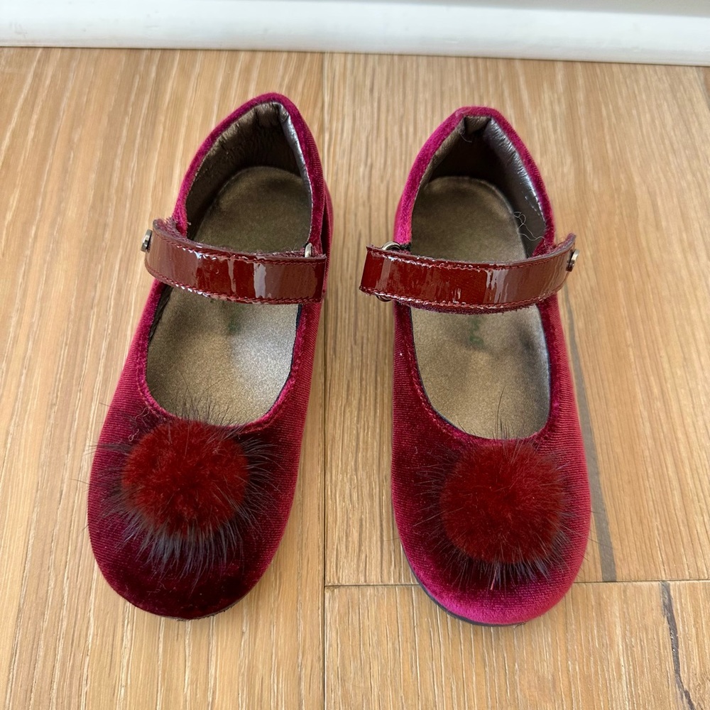 Naturino Girls Mary Jane Pom Pom Flats in Burgundy Velvet